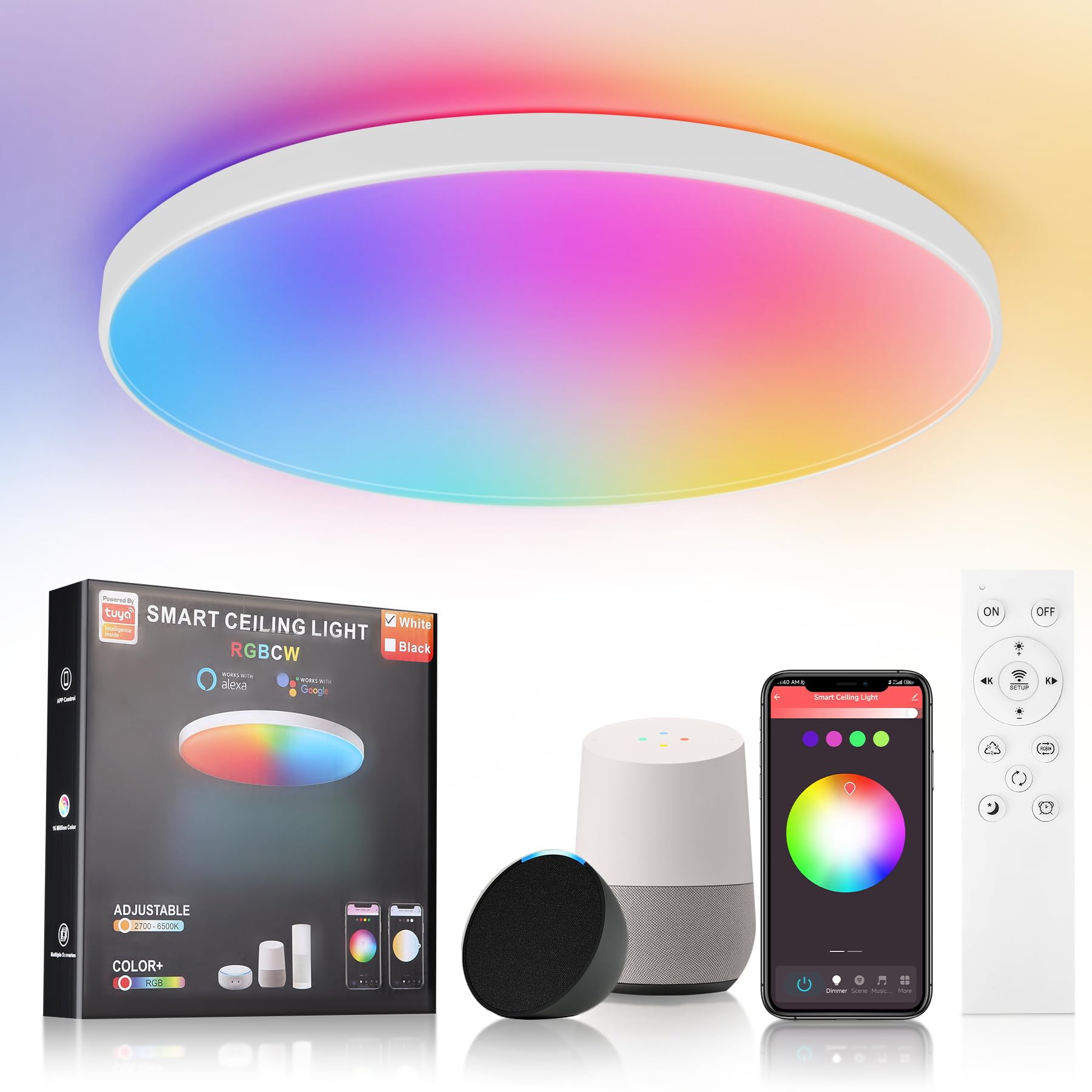 CANMEIJIA LED Ceiling Light, Dimmable 24W RGB Ceiling Lights 3000-6500K with Remote Control, IP44 WiFi Flat Ceiling Light, Supports Alexa and Google for Bedroom, Living Room, Bathroom, White
