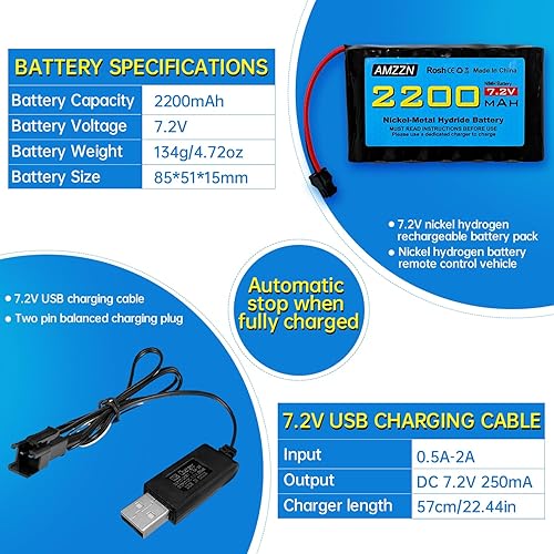 Miniatura 3 de AMZZN Batería NiMH AA de 7.2 V 2200 mAh con enchufe SM-2P y cable de carga USB para excavadora Huina 1550 550 RC, automóvil, camión, vehículo de