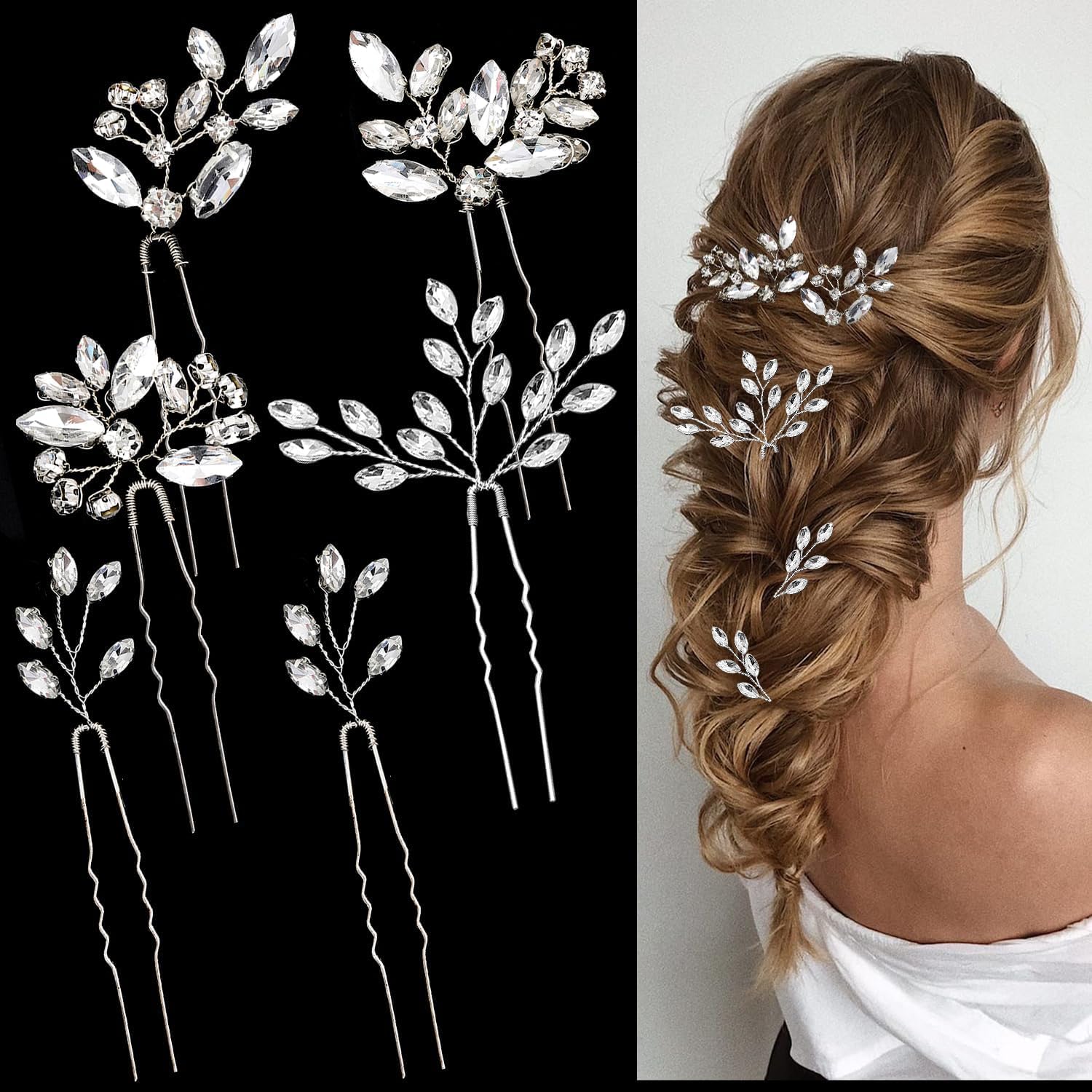 6 Pieces Bride Hair Pins Rhinestones Hair Accessories for Women Crystal Hair Piece for Wedding Bride Women Girls Bridesmaids Silver