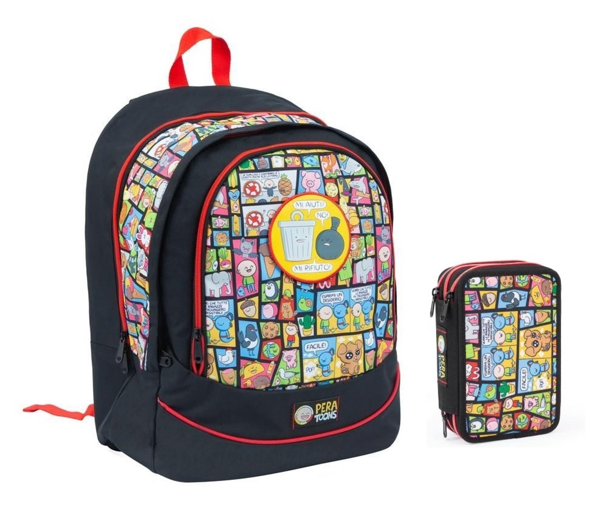 PRESTIGE & DELUXE Zaino Scuola Pera Toons Round Xl tondo 3 scomparti + Astuccio 3 piani completo + 7 Penne Scatto cancellabili con portachiave fischietto