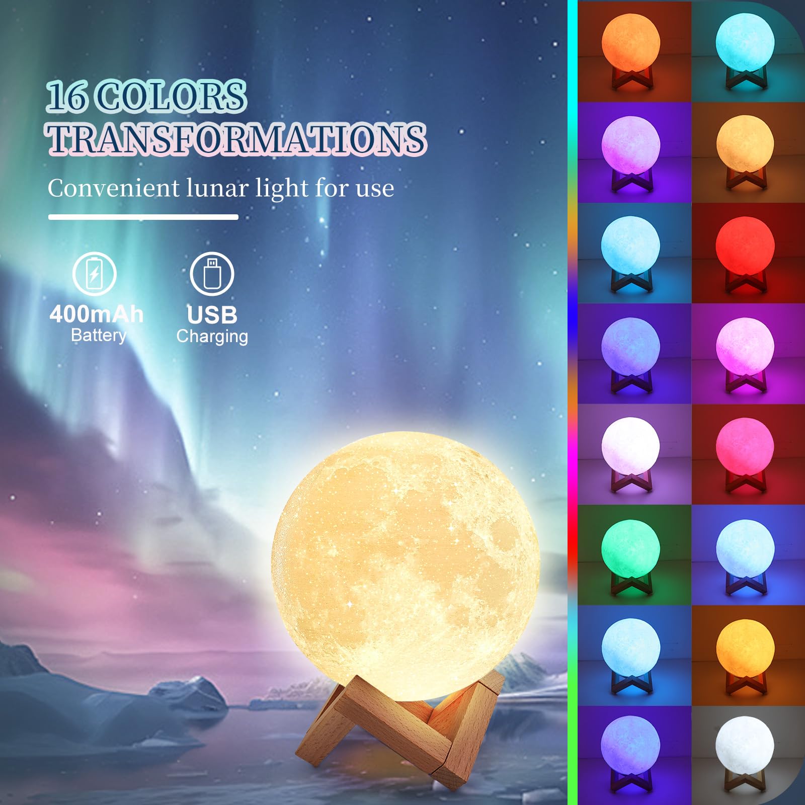 Poojaed Lampada luna 3D 15CM/5.9" Upgraded 16 colori di regolazione,supporto in legno,telecomando e carica USB,luce lunare decorazione per adulti ragazze bambini compleanno,regali di San Valentino