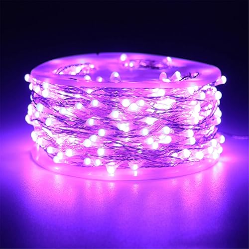 Miniatura 2 de RUICHEN Guirnalda de luces moradas regulables enchufables, 300 luces LED parpadeantes de 99 pies con control remoto, luces de alambre plateado