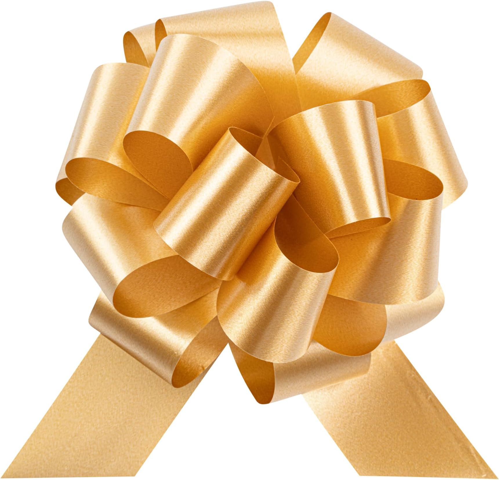 Restaurantware Gift Tek 5.5 Inch Ribbon Pull Bows 10 Satin Pull Bows - 20 Loops Instant Pull Design Gold Plastic Flower Bows For Gifts Large For Wedding Baskets And Gift Wrapping