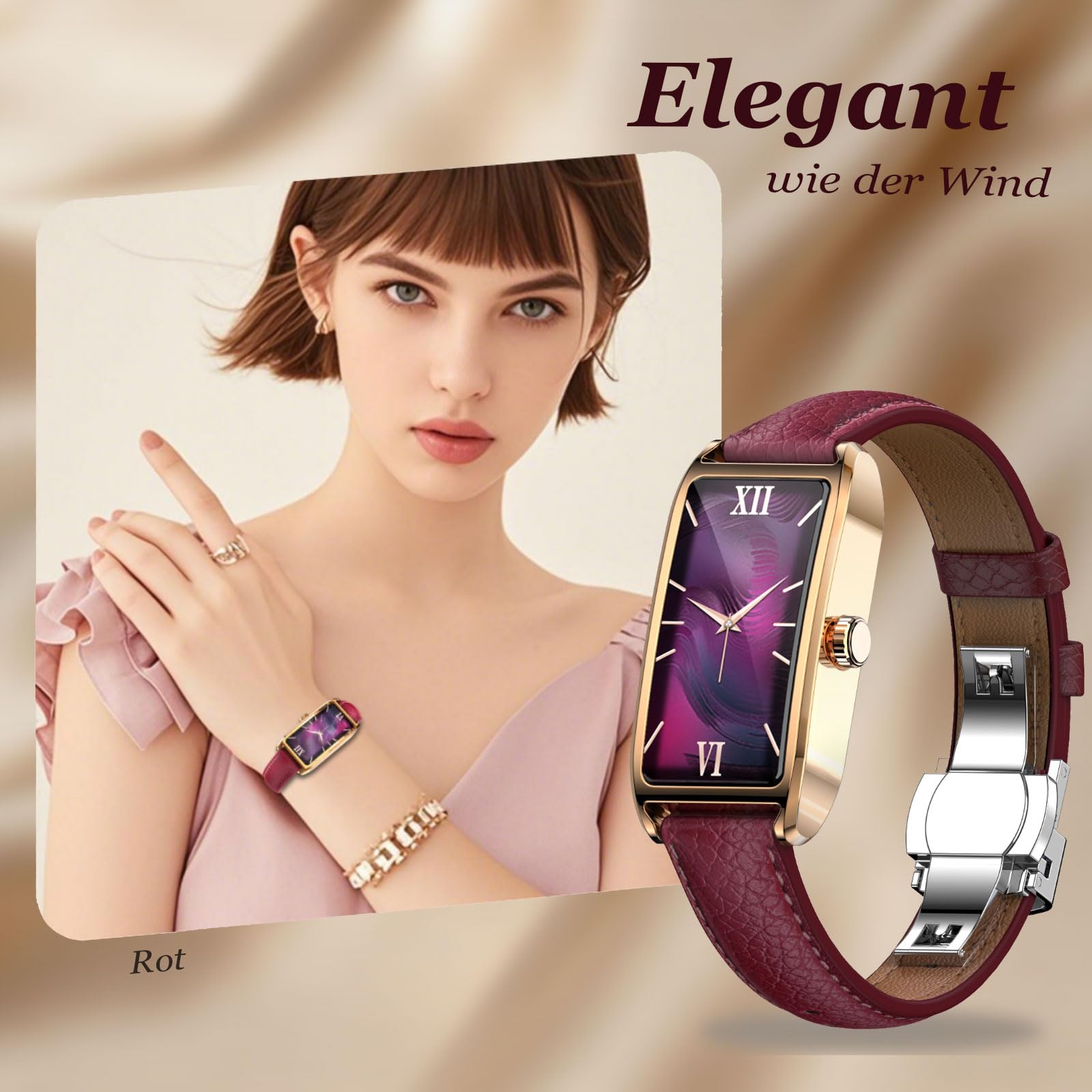 findtime Fitness Tracker Damen Schmal Elegant Luxuriös Classic Smartwatch Damenuhr Fitnessuhr für Frauen Aktivitätstracker Pulsuhr Sportuhr mit Herzfrequenz Schlafmonitor Schrittzähler Rechteckig Rot