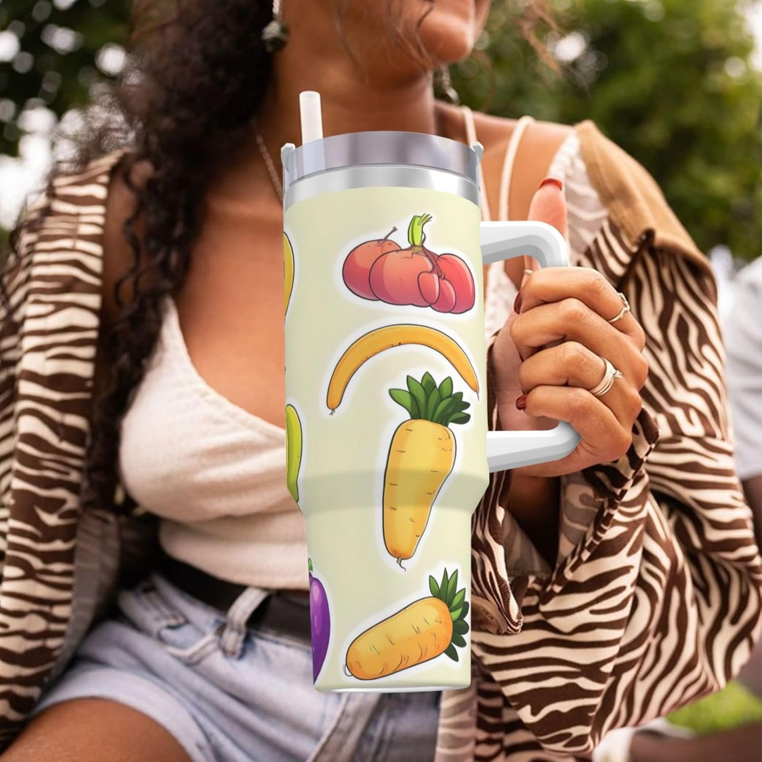 40 OZ Cartoon Vegetable Fruits Print Ice Bully Cup with Handle Straw Lid Straw,Stainless Steel Tumbler Coffee Cup