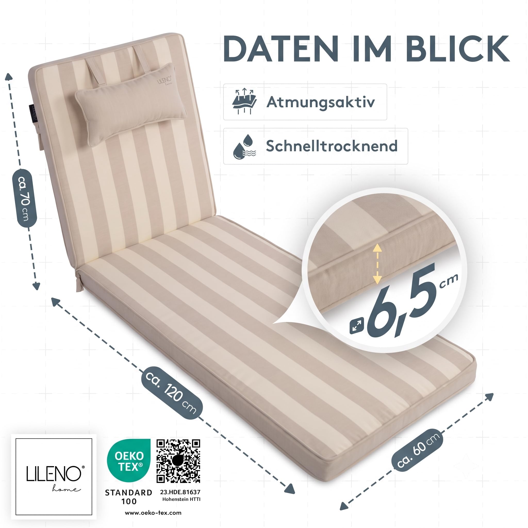 LILENO HOME Tumbona con almohada, juego de 1 silla de ruedas en franjas de bloques, color beige | Bloques de rayas beige – Tumbona de jardín perfecta para tumbona de playa – Cojín para tumbona de jardín Dub
