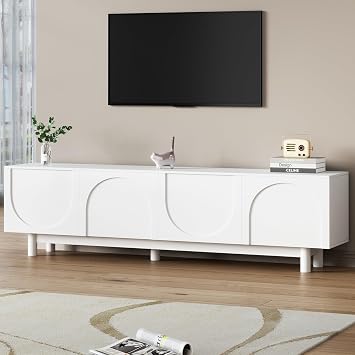 Graceful TV Stand with Arch Cabinets for TVs Up to 78" - Minimalist Entertainment Center with Solid Wood Legs and Adjustable Shelves - Ideal Media Console for Living Room, Bedroom, or Hallway White