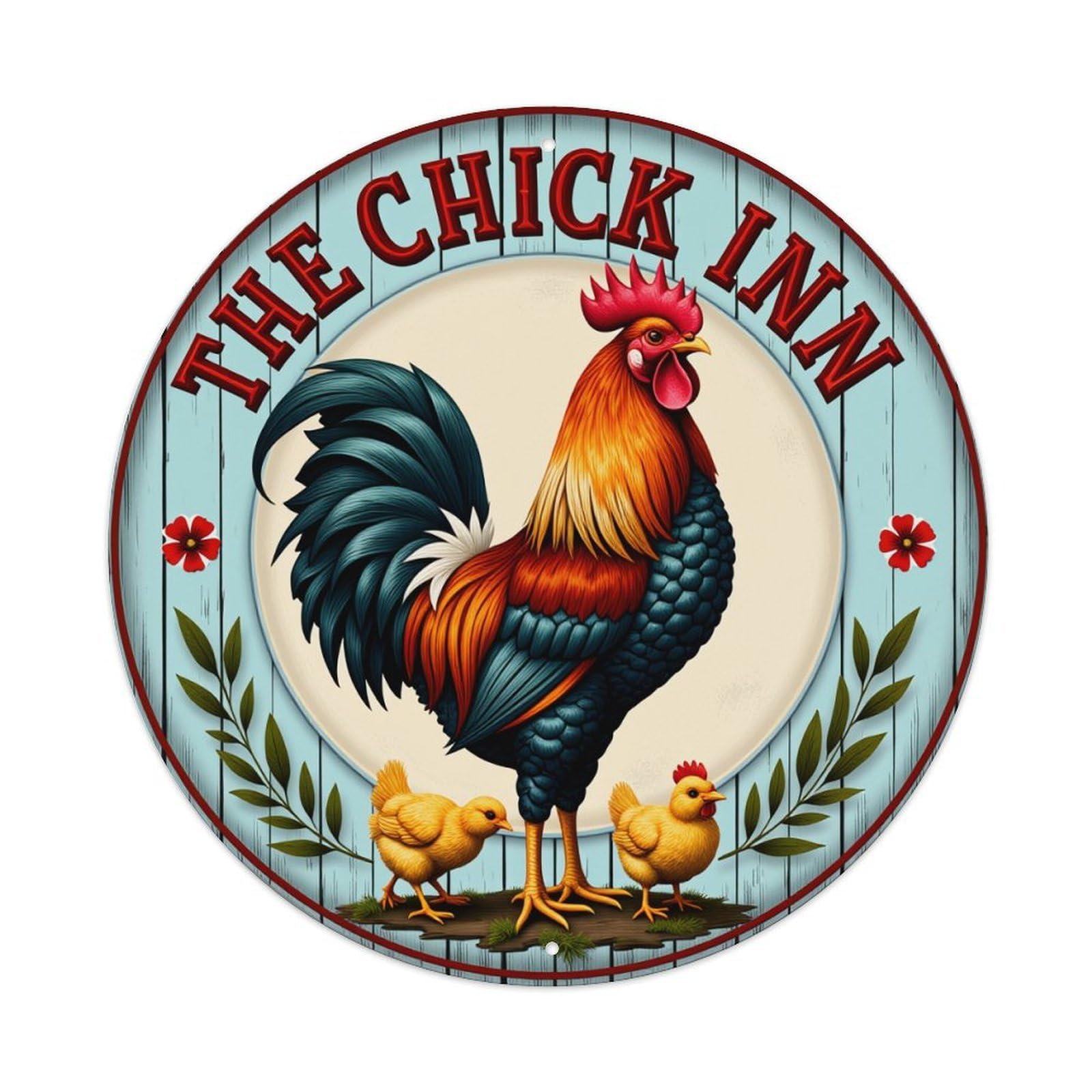 Rooster Chickens Leaves Flowers Sign Round Tin Sign Retro Metal Sign for Cafe Bar Pub Home Game Room Gym Club Wall Decoration Vintage Metal Poster 8x8 Inch