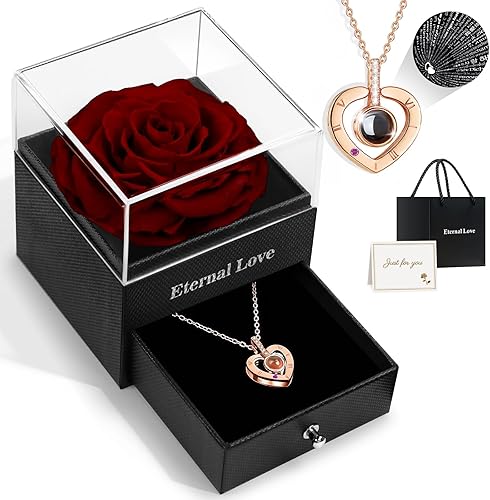 HEGUD - Rosa real preservada, caja de regalo con collar I Love You, regalos de flores de rosa real eterna hechos a mano para su mujer, mamá, novia,