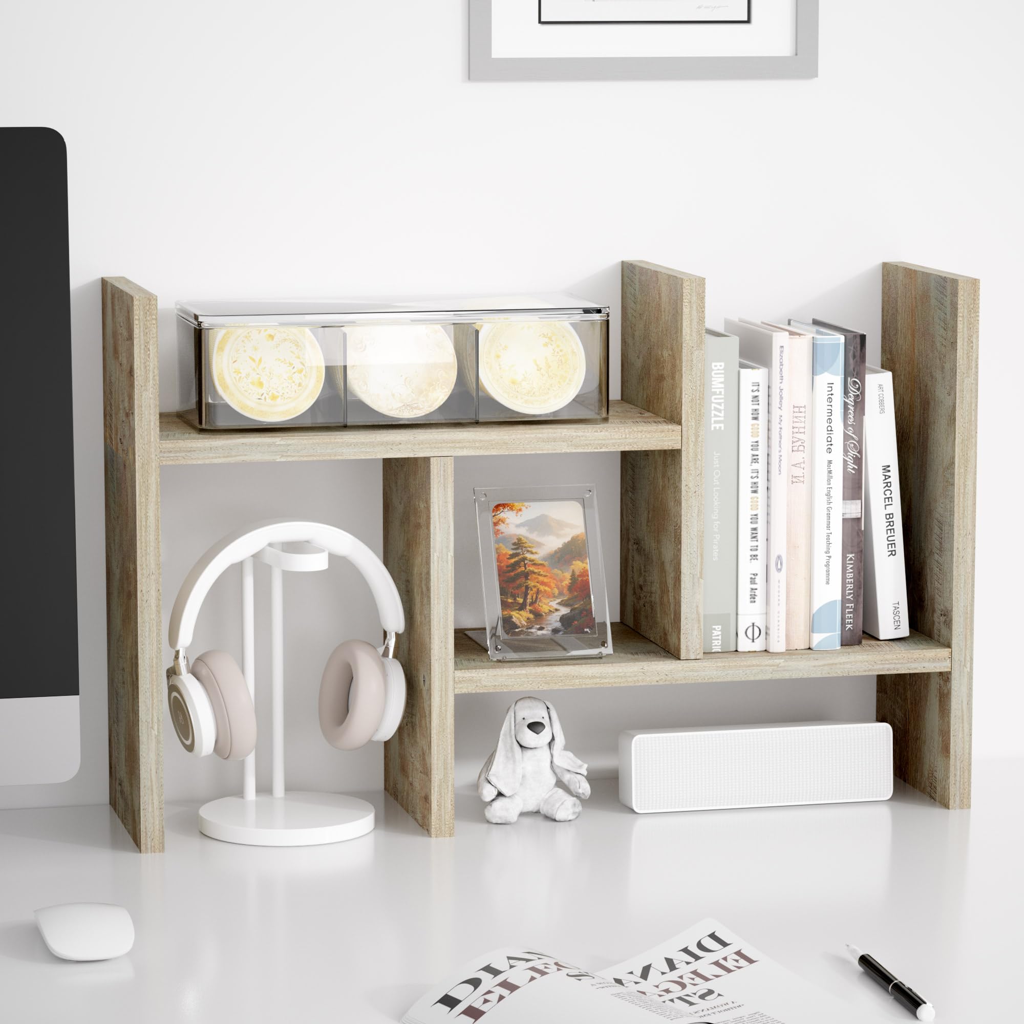 Jerry &amp; Maggie Desktop Organizer Office Storage Rack Adjustable Wood Display Shelf Free Style Double H, Multi-Functional Mini Bookshelf for Desk Natural Stand (Gray Oak)