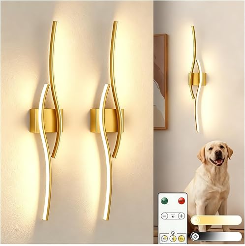 L LOHAS LED 31.6 inch Large Battery Operated Wall Sconces Set of 2, Rechargeable Wireless Sconce with Remote, Modern Gold Wall Lights, Dimmable Sconces Wall Decor for Bedroom, Living Room