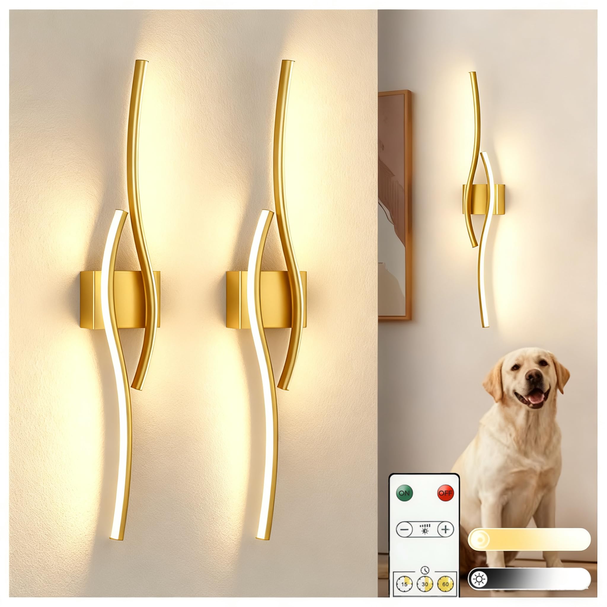 L LOHAS LED 31.6 inch Large Battery Operated Wall Sconces Set of 2, Rechargeable Wireless Sconce with Remote, Modern Gold Wall Lights, Dimmable