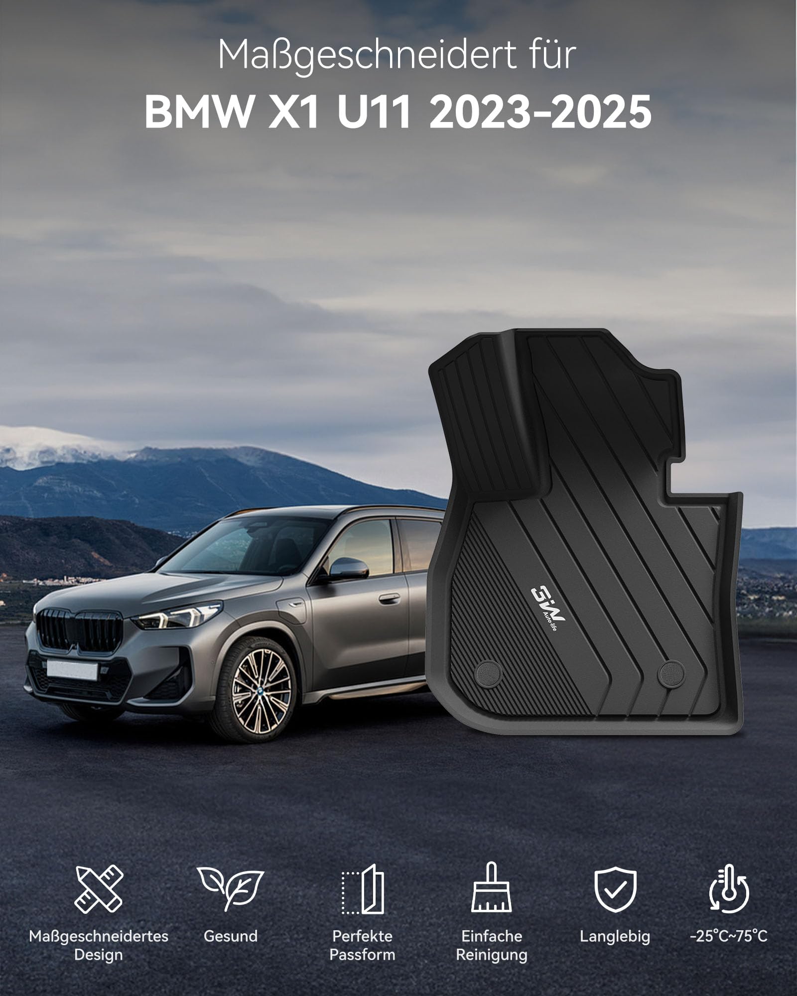 3W für BMW X1 U11 2023-2026 Fußmatten & Kofferraumwanne, Antirutsch Zubehör | Nicht für xDrive25e Hybrid | TPE Thorex™ Allwetter | 3D Maßgeschneiderte Passform | Hundefreundlich | Wasserdicht & Kratzfest