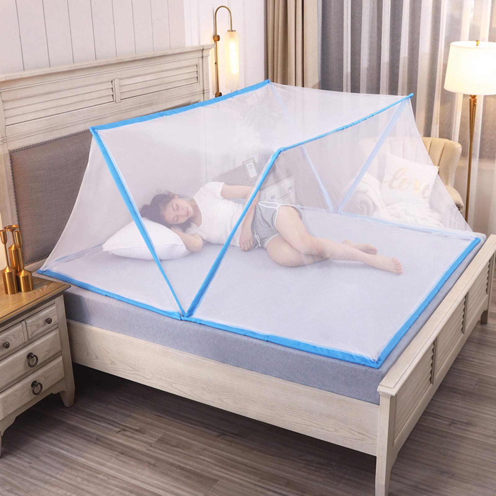 Zanzariera Pieghevole ad Arco Portatile, copriletto a baldacchino Pieghevole per casa e Viaggi, Misura Universale 80x190 cm, Blu, Protezione per Bambini e Adulti.