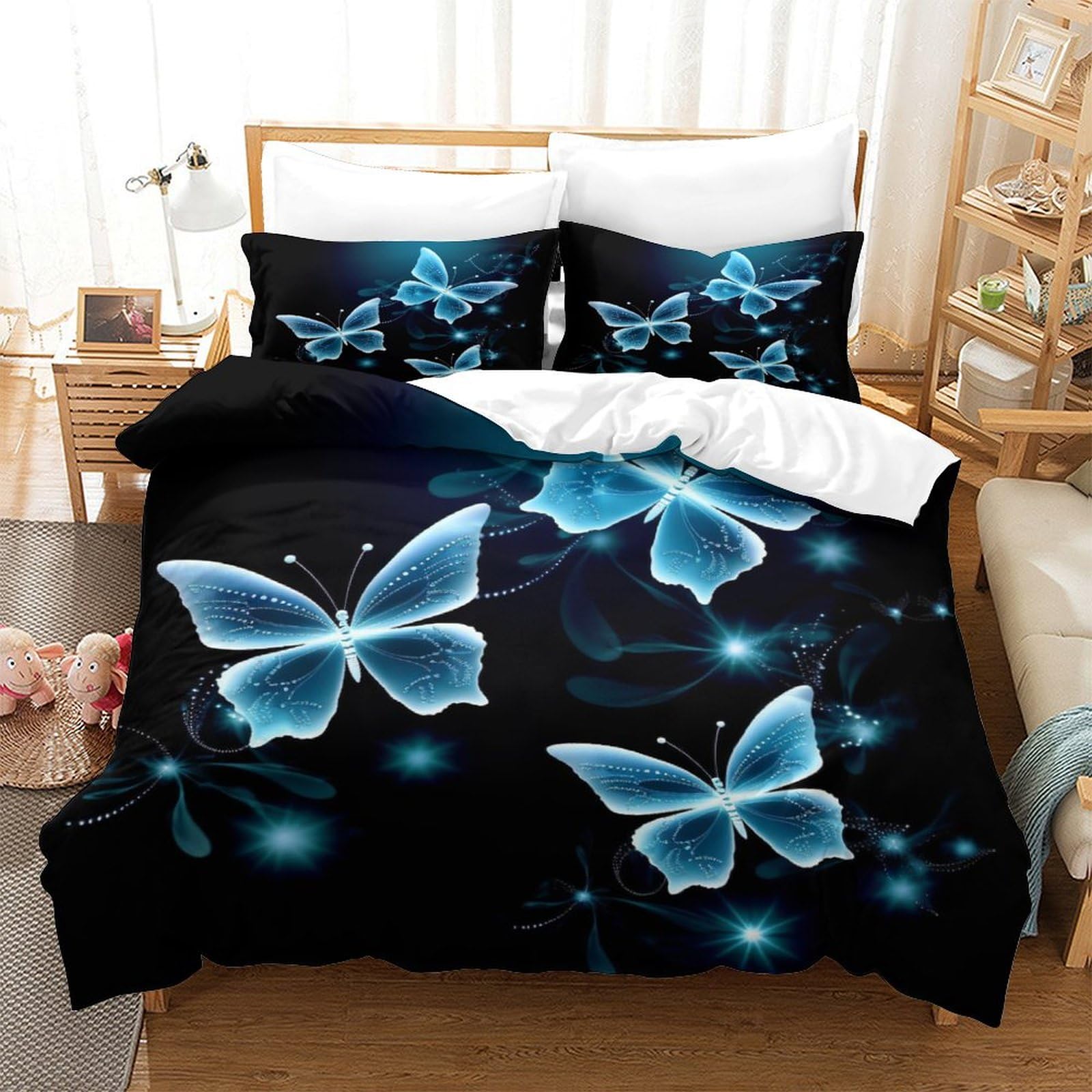 P1S9U7W5Y Fantasy Blue Butterfly 3D Printed 3 Pieces Duvet Cover Set Soft Microfiber Bedroom Decor Butterfly Bedding Set for Teens Adults Breathable All Seasons Double（200x200cm）