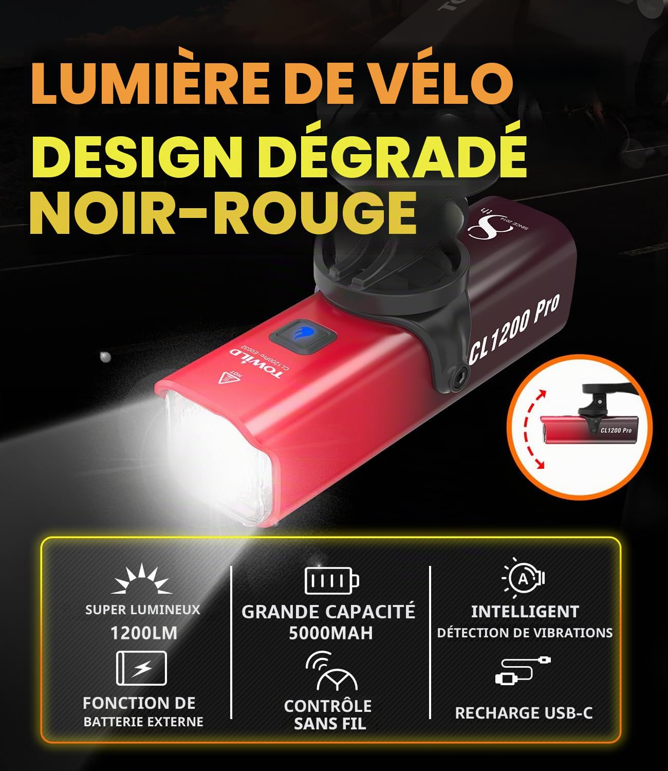 Éclairage Avant Vélo Intelligent 1200 Lumens - Phares de Vélo Super Lumineux avec Télécommande sans & Support pour Ordinateur de Vélo, 5000 mAh Rechargeable IPX6 étanche pour la Conduite de Nuit