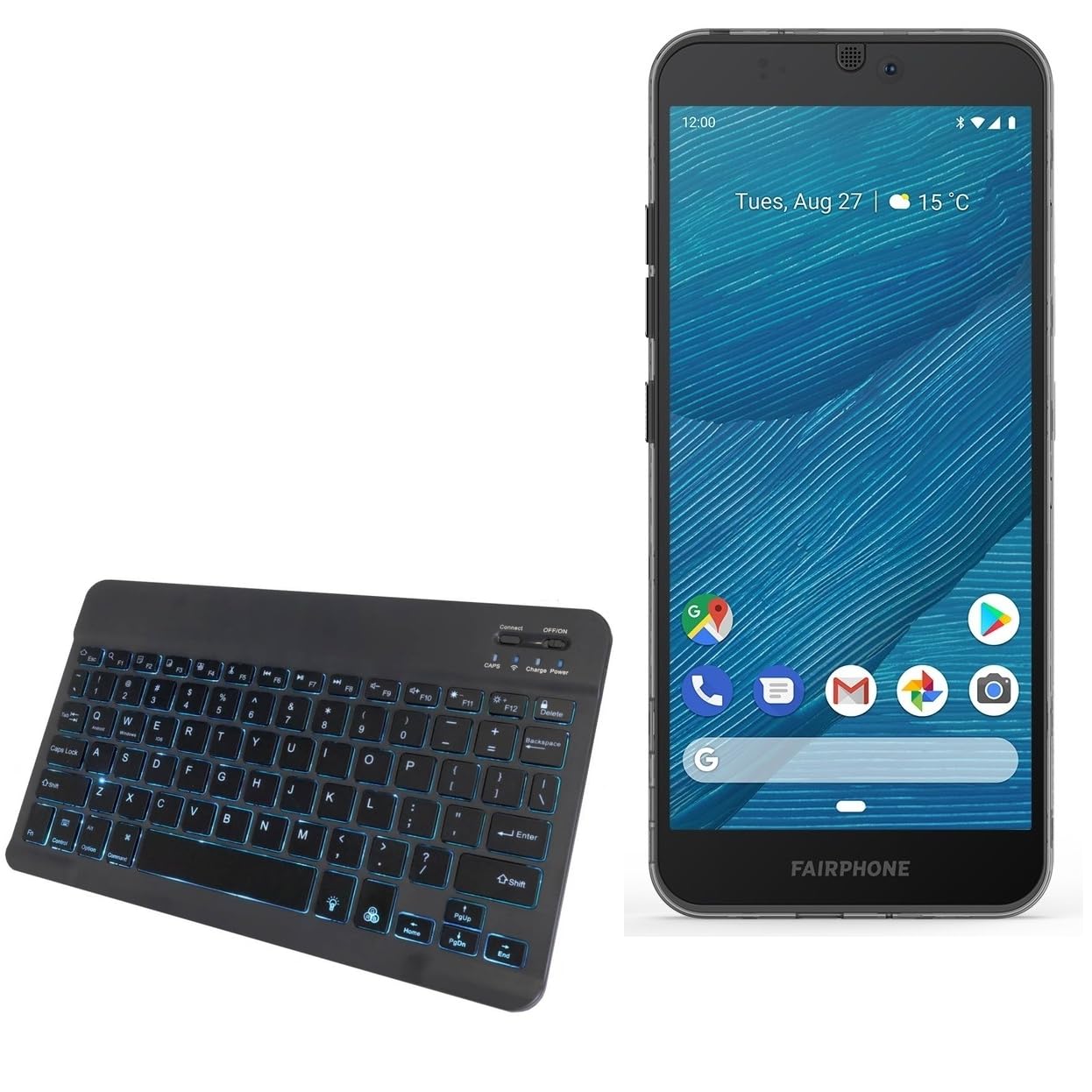 BoxWave Keyboard Compatible with Fairphone 3 - SlimKeys Bluetooth Keyboard - with Backlight, Portable Slim LED 7 Colors - Jet Black