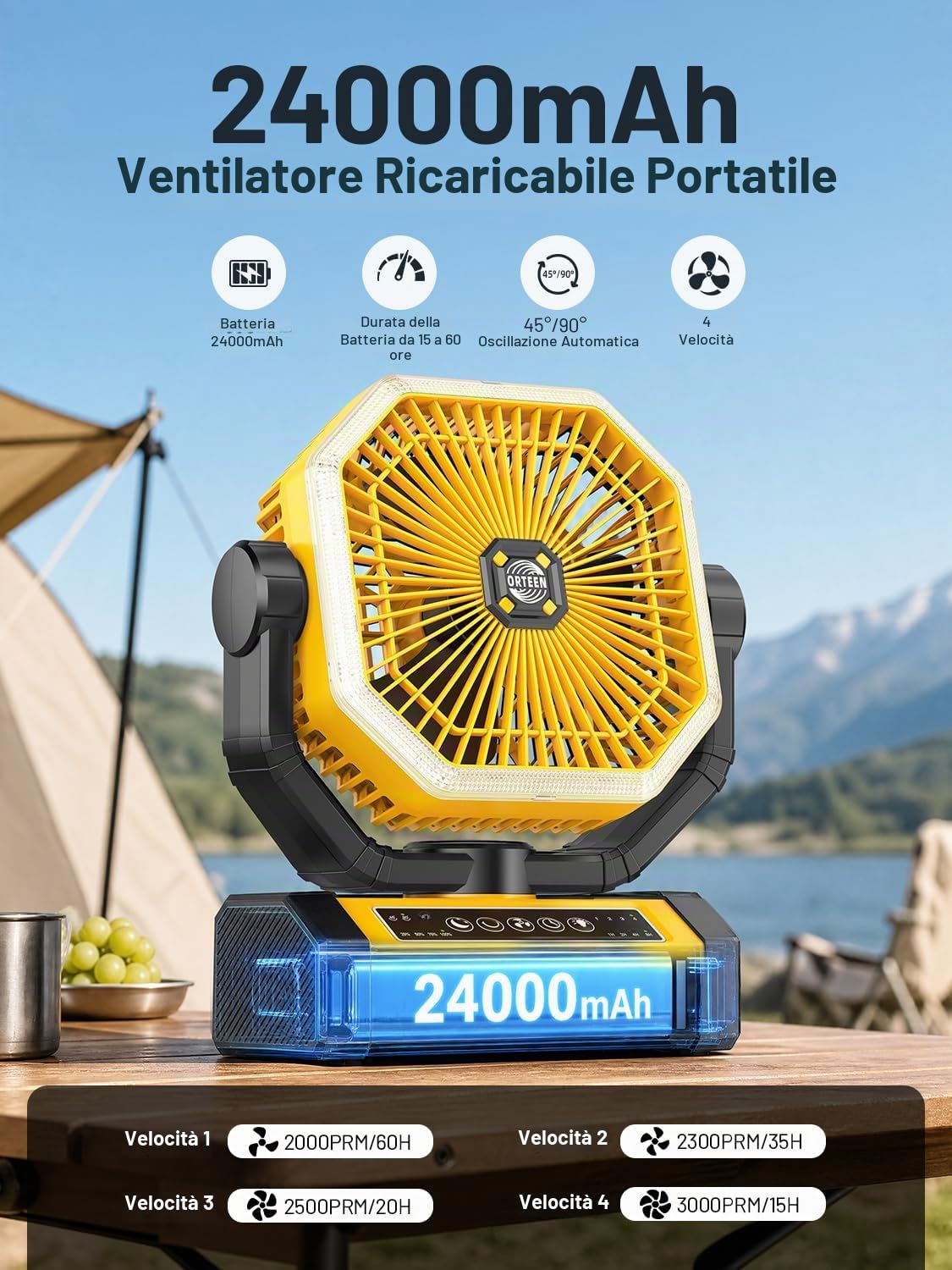 Ventilatore da tenda - Ventilatore da 9 pollici a batteria per il campeggio, 24000mAh 60h, ventilatore portatile ricaricabile con luce, telecomando, 4 velocità, 4 timer, testa oscillante, giallo