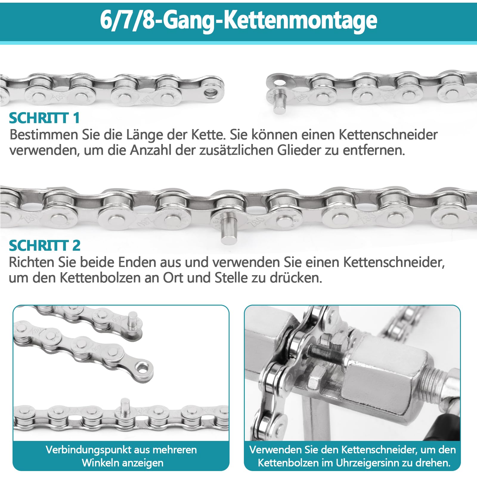 Fahrradkette - 6/7/8 Fach Fahrrad Kette 1/2 x 3/32 Inch 116 Glieder, fahrradkette Werkzeug set mit kettenschloss zange,Kettenbrecher und 4 Paar Kettenschloss