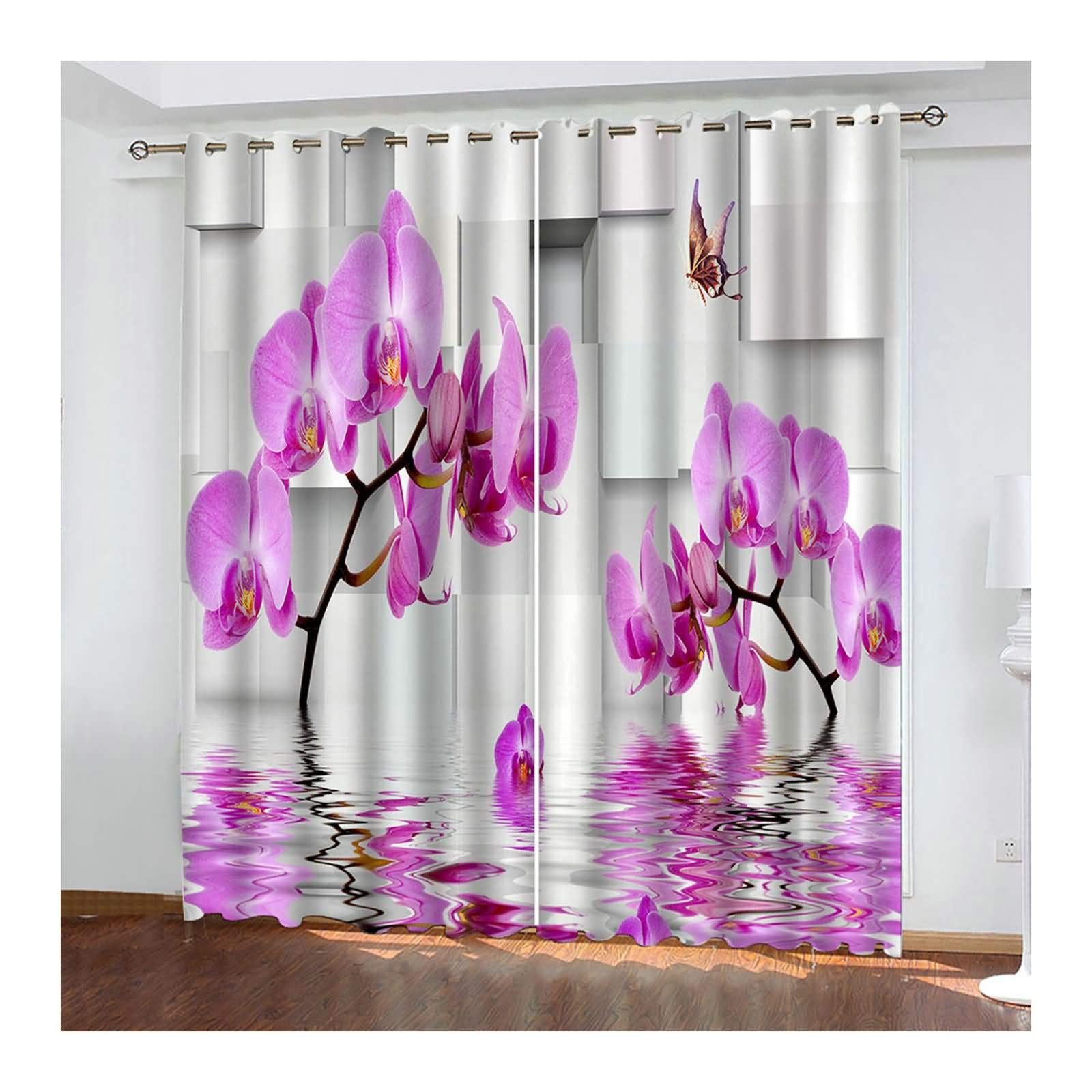 Zasłony zaciemniające, nieprzejrzyste, zestaw 2 sztuk, orchidea, zasłony z oczkami, poliester 214 x 214 cm