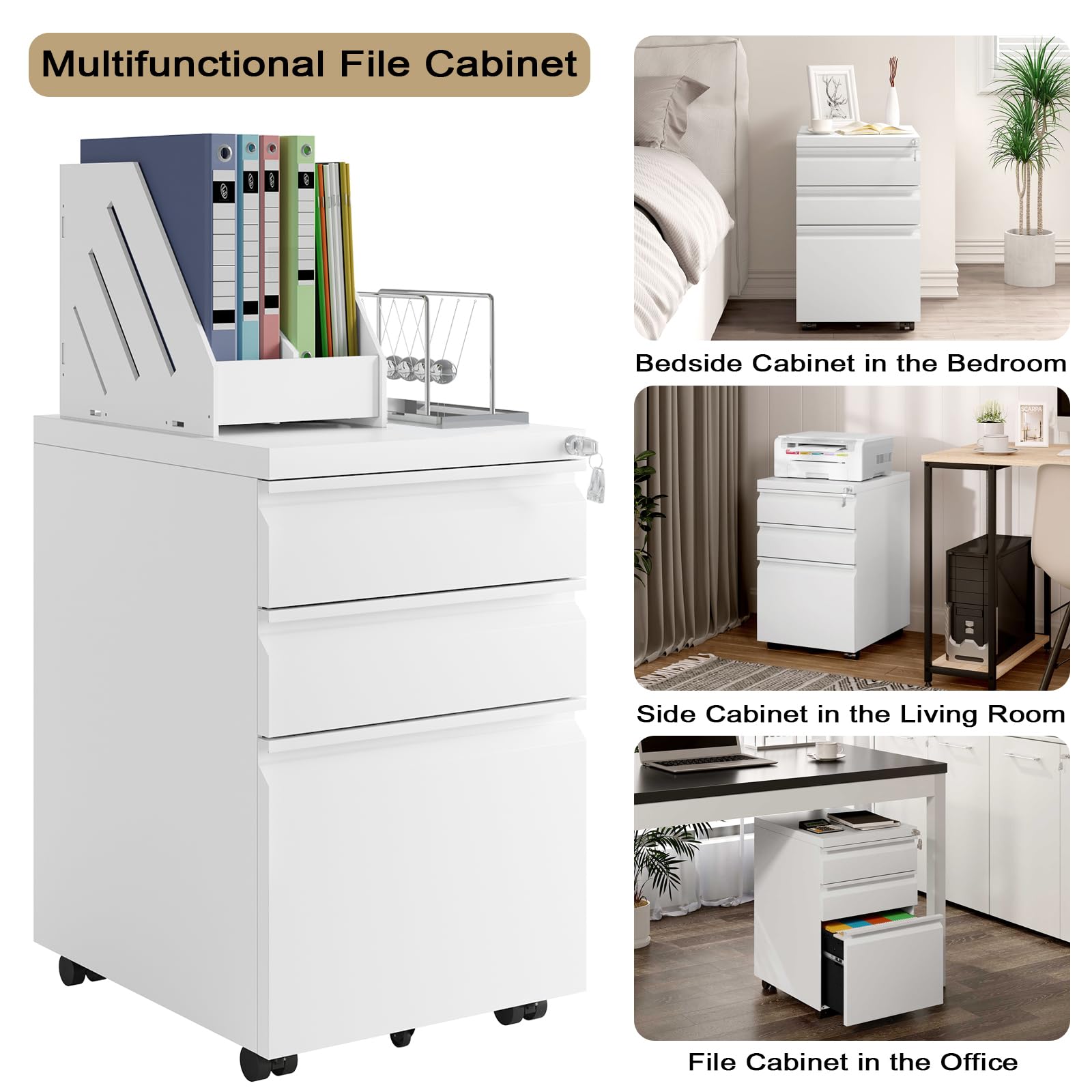 WOLTU Caisson de Bureau Mobile, Meuble de Rangement pour Dossiers Suspendus, Caisson sur roulettes, Armoire Documents avec 3 Tiroirs Verrouillables, en Métal,39 x 46 x 62cm, Blanc, ASK03ws