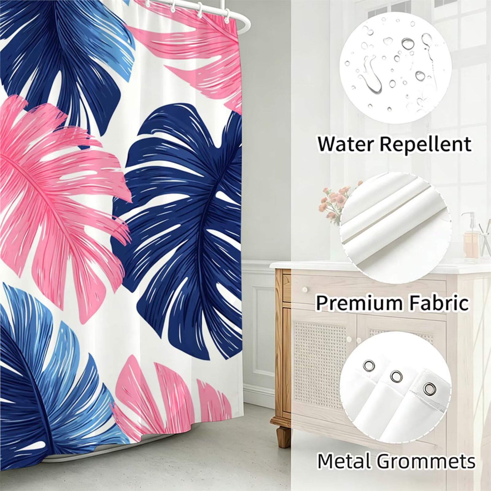 Duschvorhang 180x240cm, Duschvorhang Badewanne Hellrosa, Shower Curtain mit Ösen und 12 Duschringen, Beschwerter Saum, Maschinenwaschbar, Schnell Trocknend, Wasserdicht Polyester, Blätter J-755