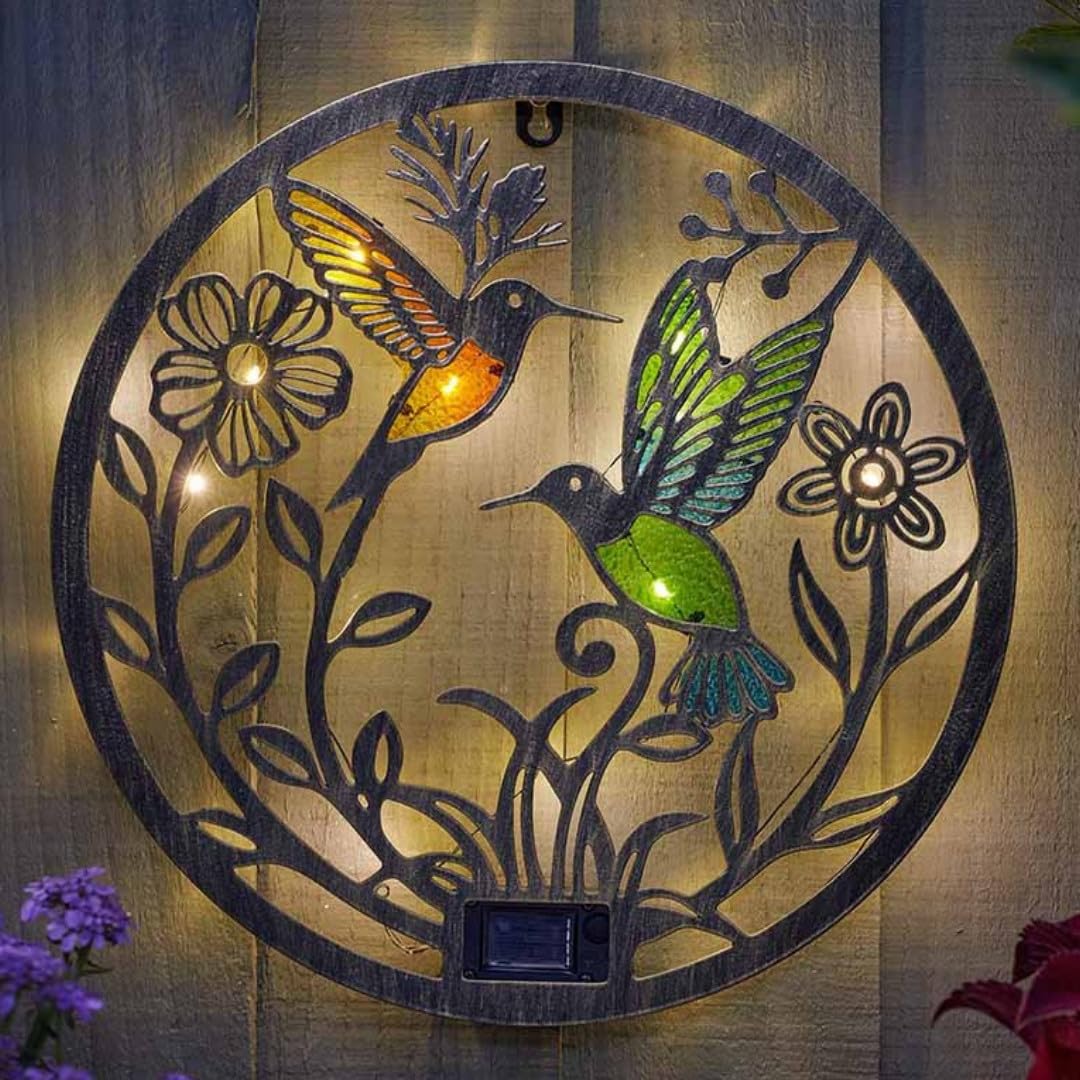 Garden Mile Solar Hummingbird Wall Light – Decorative Garden Wall Art with Warm White LED Lighting, Stained Glass Effect Outdoor Light for Patio, Fence, Balcony & Garden Decor