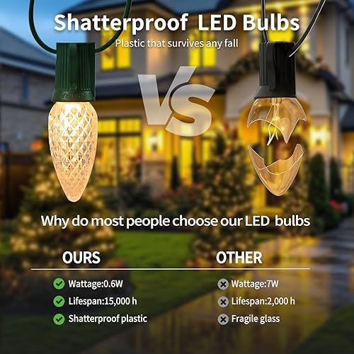 Miniatura 23 de C9 Luces de Cadena de Navidad, 25 pies 26 Bombillas Brillantes y Multicolores para Exteriores, Luces de Navidad para Techo, Patio, Jardín, Luces
