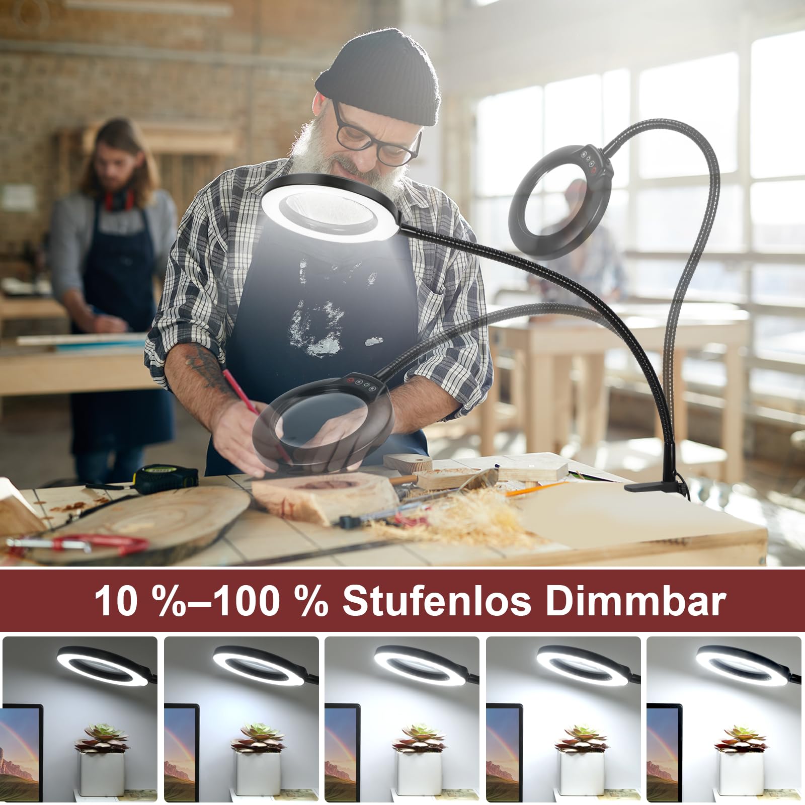 Veemagni 12X Lupa con Lentes de Cristal auténtico con luz y Soporte, 5 Modos de Color, Regulable sin escalonamientos, lámpara de Aumento LED 3 en 1, Lupa de pie, Manos Libres para Leer o Pintar.