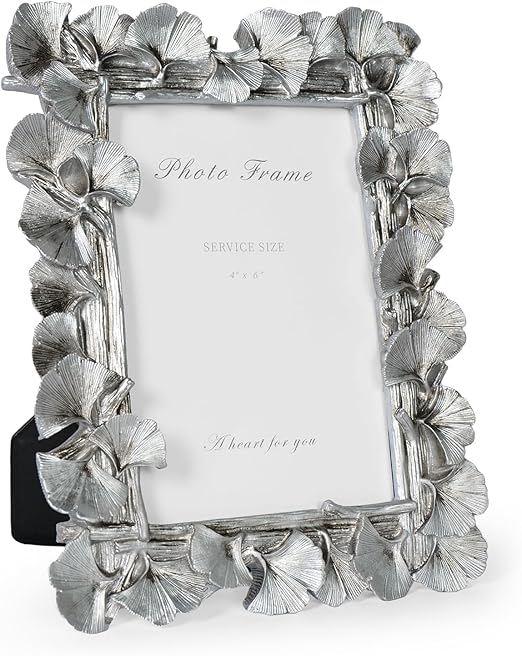 4x6 Silver Picture Frame, Vintage Silver Ornate Leaf Textured Hand-Crafted Resin with Glass Front Antique Photo Frame for Tabletop Display, Retro Design Home Decor