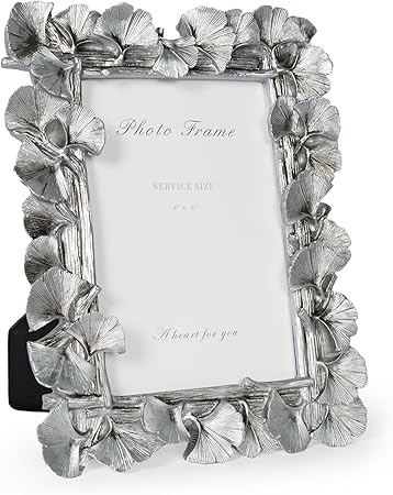 4x6 Silver Picture Frame, Vintage Silver Ornate Leaf Textured Hand-Crafted Resin with Glass Front Antique Photo Frame for Tabletop Display, Retro Design Home Decor
