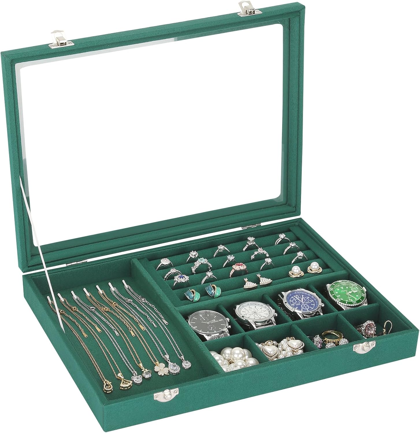 Velvet Jewelry Necklace Ring Earring Pendant Organizer Box, Ring Necklace Earring Pendant Display Storage Tray with transparent lid, Dustproof Jewelry Holder Box Showcase (Green)
