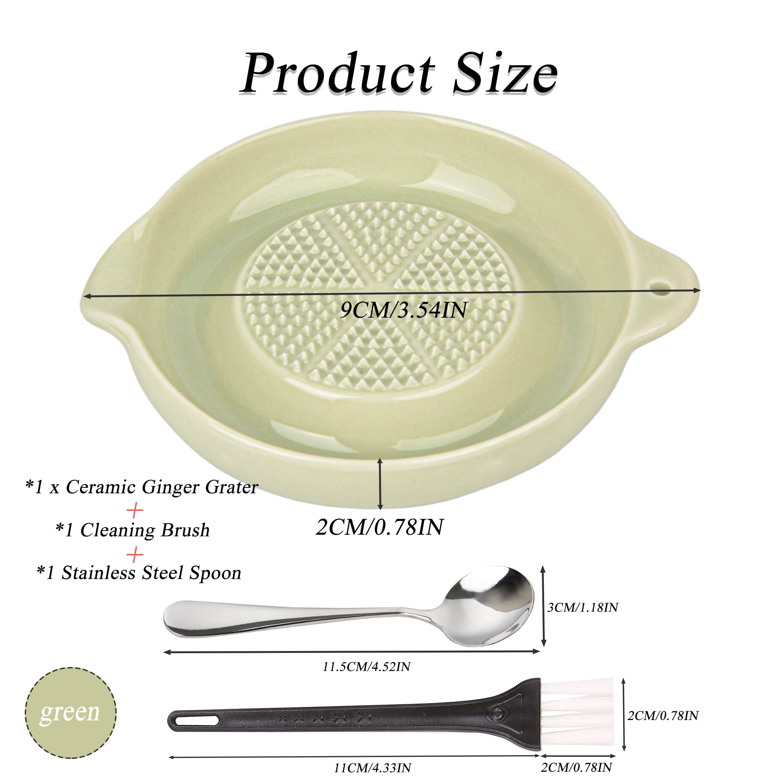 KICPUK Ceramic Grater,Ceramic Ginger Grater,Garlic Grater,Ginger Grater,Spice Grater,Nutmeg Grater Made of Ceramic for Ginger,Garlic,Nutmeg,Celery,Carrots,Wasabi,With Brush+Spoon,Diameter 9cm (Green)