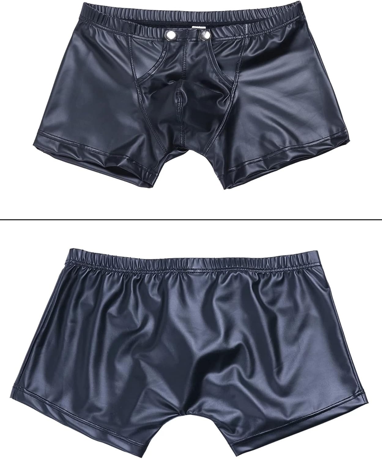 FEOYA Mens Leather Shorts Latex Trunks Low Rise Leather Boxer Briefs Open Front Crotchless Shiny Thong Underwear