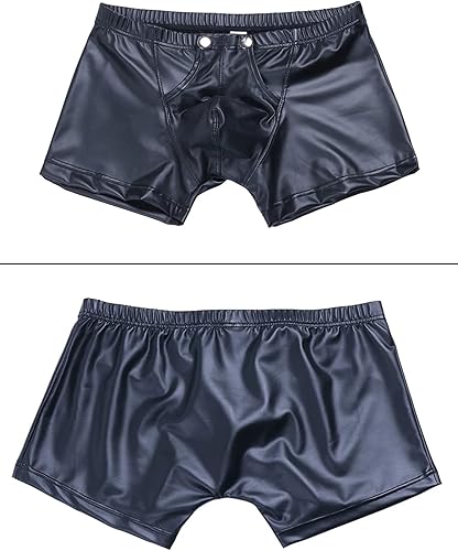 Miniatura 4 de FEOYA Pantalones cortos de cuero para hombre, de látex, de tiro bajo, de cuero, con parte delantera abierta, sin entrepierna, brillante