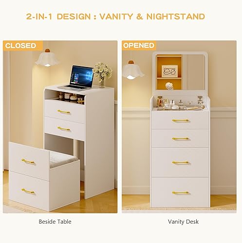 Miniatura 2 de JDPAG Escritorio de tocador 3 en 1 con espejo y luces, mesa de tocador de maquillaje con taburete acolchado, escritorio compacto para espacios