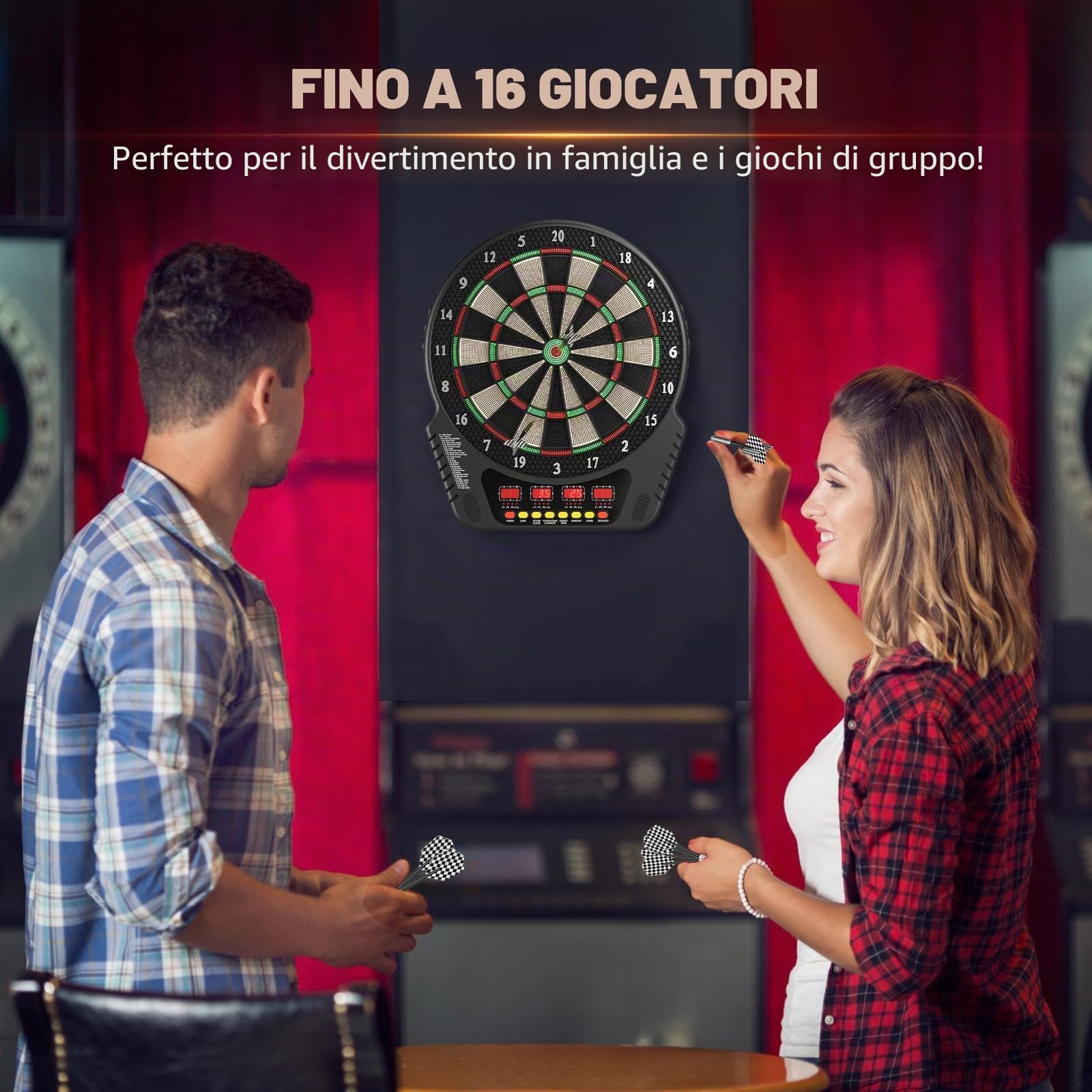 Bersaglio Elettronico Professionale con 6 Freccette con 4 Schermo LCD, Bersaglio Freccette Elettronico offre 27 Giochi e 243 Modi, Rendendolo per Amici, Famiglia, Ufficio e Feste al Pub.