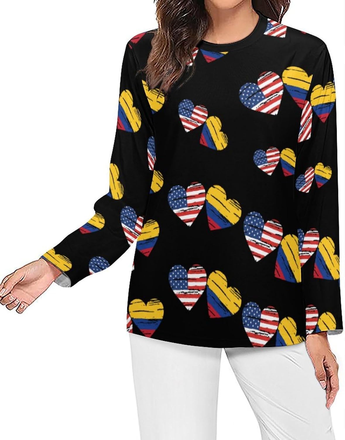 American Colombian Flag Heart Women's Pajama Top Sleepwear Pajamas Sleep T-Shirt Long Sleeve Shirt Crewneck Tee