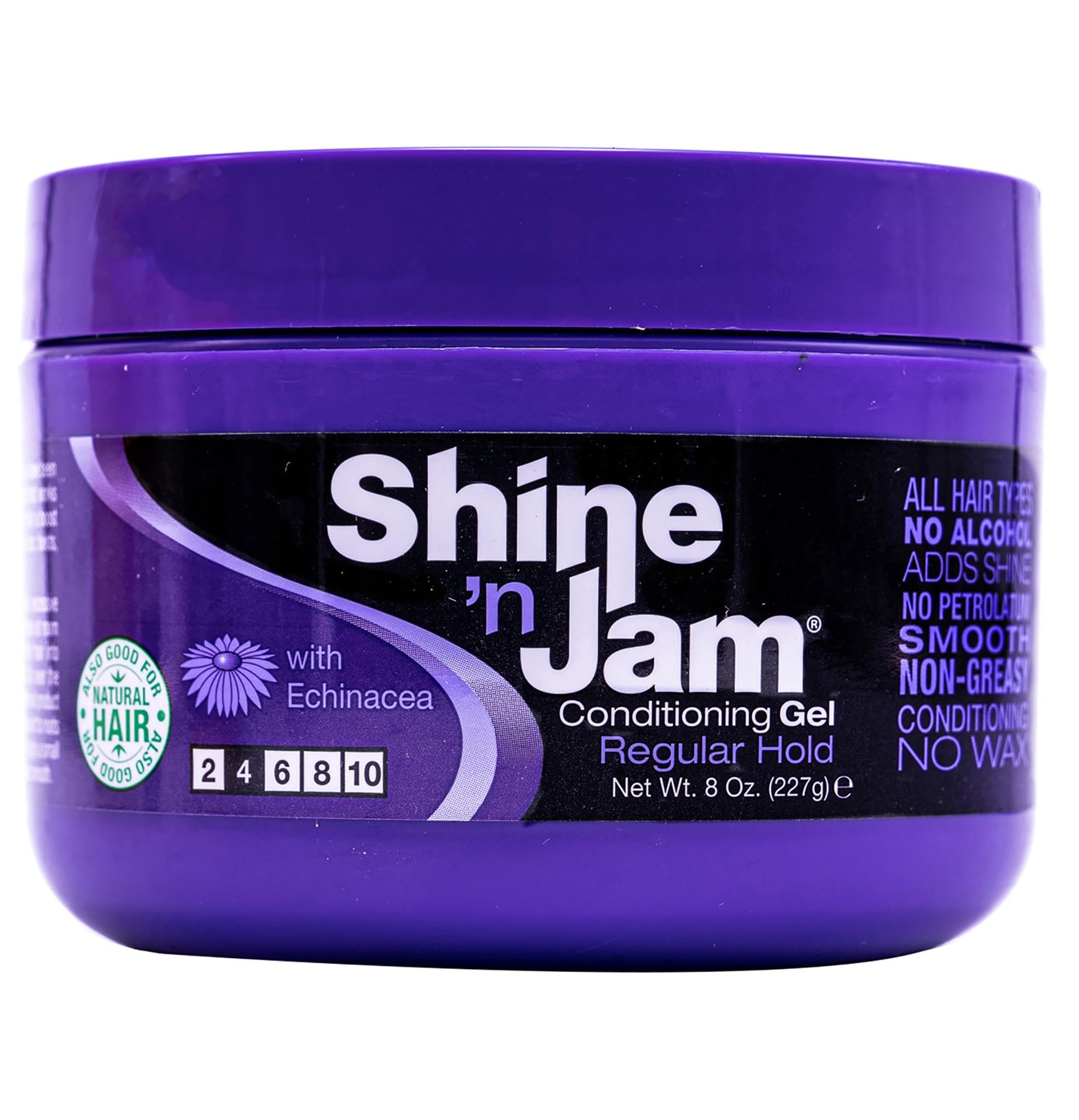 Ampro Shine-n-Jam Regular - Infused with Echinacea to Encourage Hair Growth - Great for Taming Fringe, Ponytails, Soft Weaves, and Braids - Keeps Tresses Firm with Non-Greasy Shine - 8 Oz