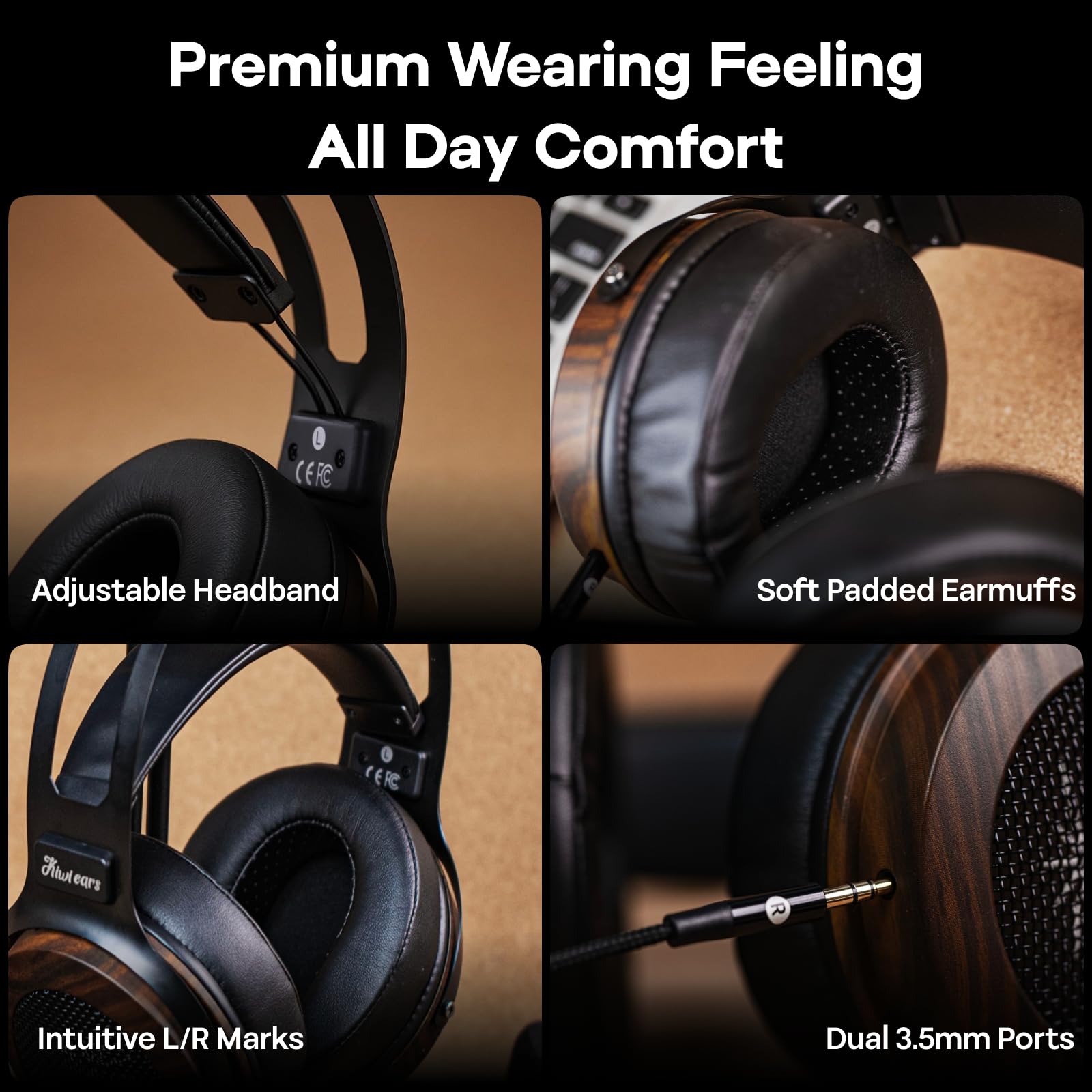 Linsoul Kiwi Ears Altruva Casque Supra-auriculaire, Surveillance Dynamique du Haut-Parleur Hi-FI 50 mm Casque de Jeu Filaire Stéréo Ouvert pour l’ingénieur de Studio Audiophile Gaming (Noir&Bois)