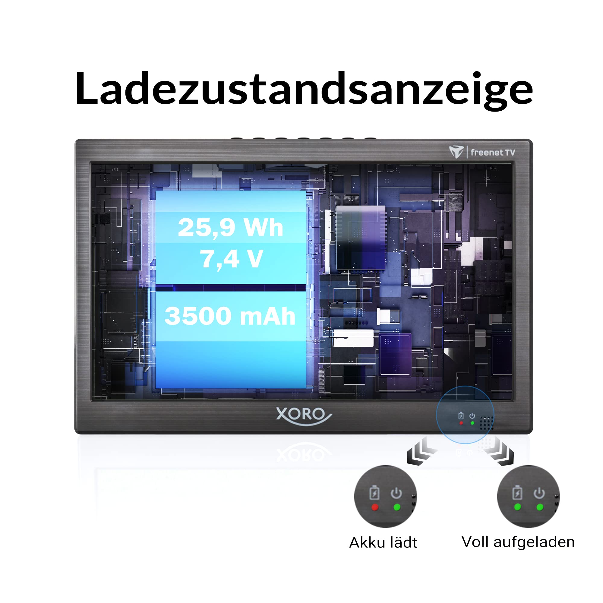 Xoro PTL 1050 V2-10,1" przenośny telewizor DVB-T/T2, system deszyfrowania Irdeto (w zestawie 6 miesięcy freenet TV), aktywna antena, akumulator, zasilanie 12/24 V