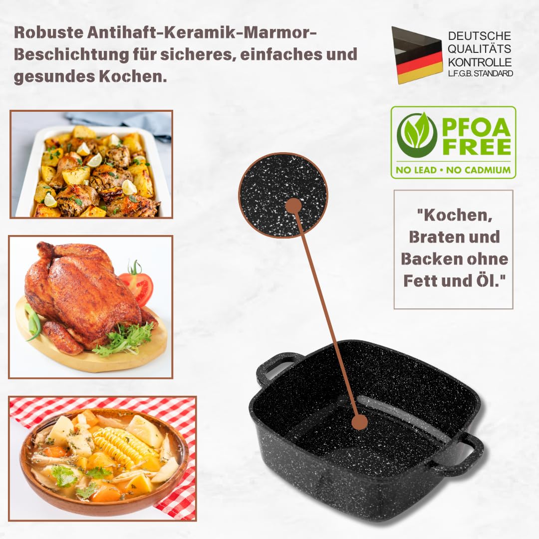 GOLDMANN 28x11 cm (6,5 l) quadratischer aus Aluminiumguss Bräter mit Glasdeckel – Antihaft-Marmorbeschichtung, geeignet für alle Herdarten inklusive Induktion & PFOA-frei
