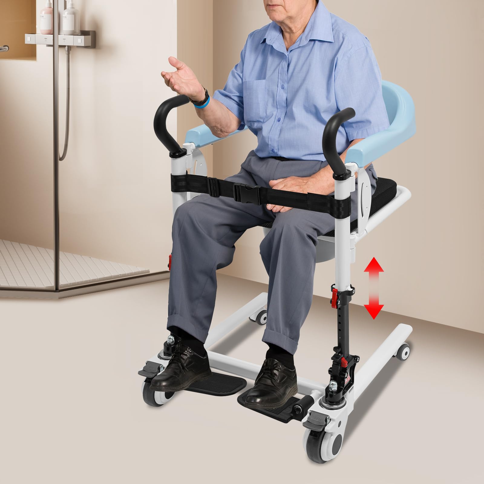 Silla de traslado, silla de transporte para pacientes, con asiento dividido de 180° y ruedas para hospitales, residencias de ancianos, centros de rehabilitación