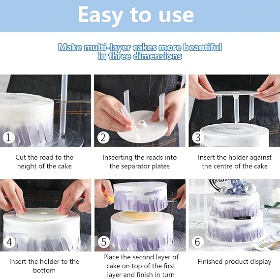 5 Pieces Cake Separator Plates Stands, Cake Base with 15 Pieces Plastic Cake Dowels Rods, Reusable for Tiered Stacked Cakes, for Wedding Birthday Party Festival.