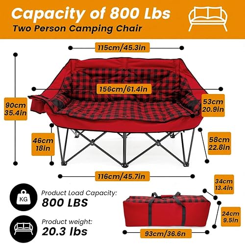 Miniatura 2 de QUYUAN Silla de campamento doble para adultos, silla plegable resistente para 800 libras, cómodas sillas de césped con totalmente acolchado, sillas