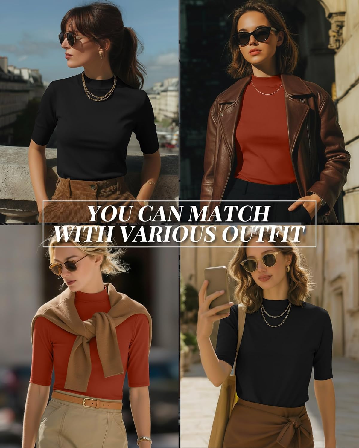 Ficerd 2 Pack Women's Mock Turtleneck T Shirts, Half Sleeve Business Casual Tunic Tops Slim Fit Summer Basic Dressy Tee Shirt - Image 2