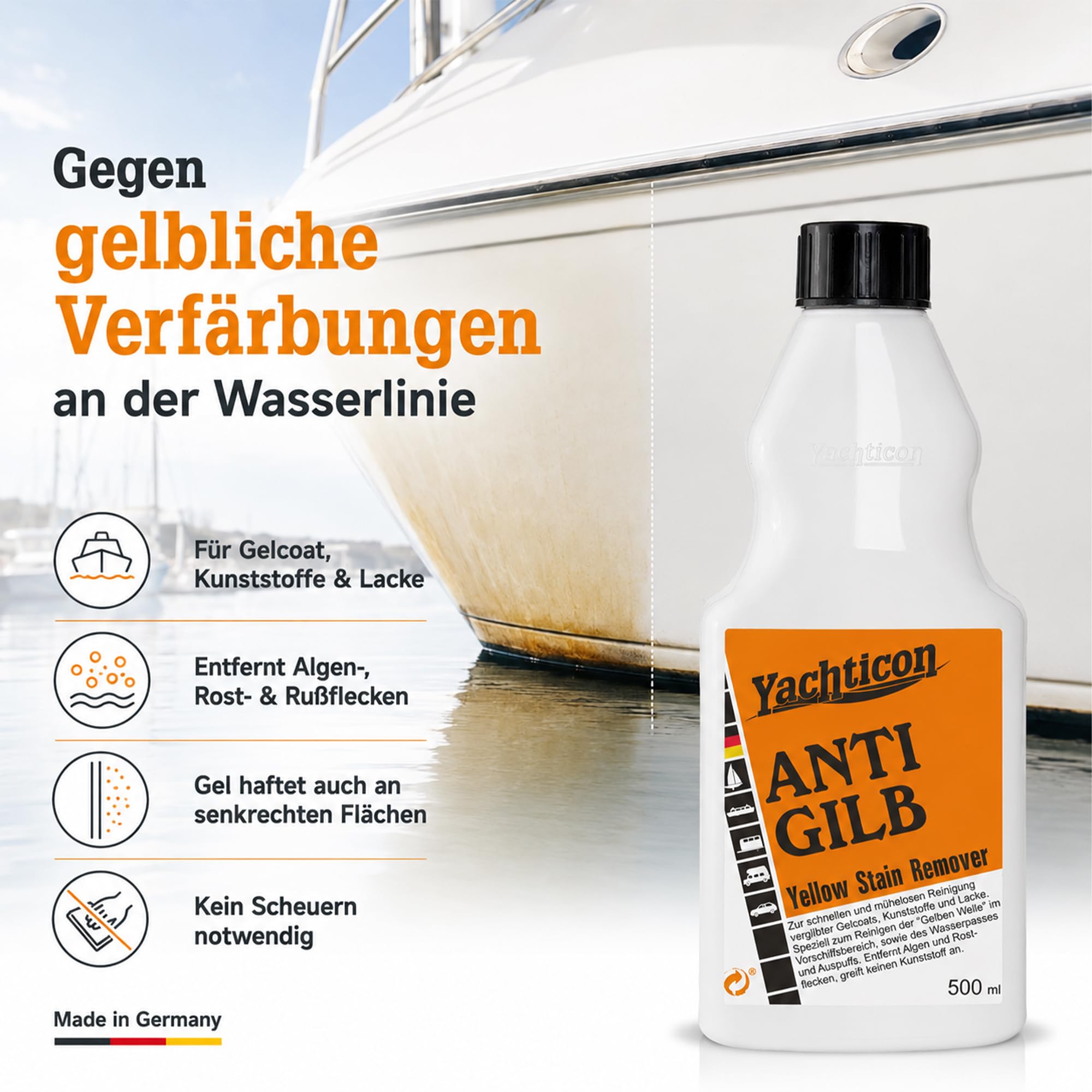 YACHTICON Anti Gilb Gelcoatreiniger, GFK Bootsreiniger für Yacht und Boot, Entfernt Vergilbungen am Wasserpass, Rumpfreiniger gegen Algen und Rost, Bootspflege Reinigungsmittel