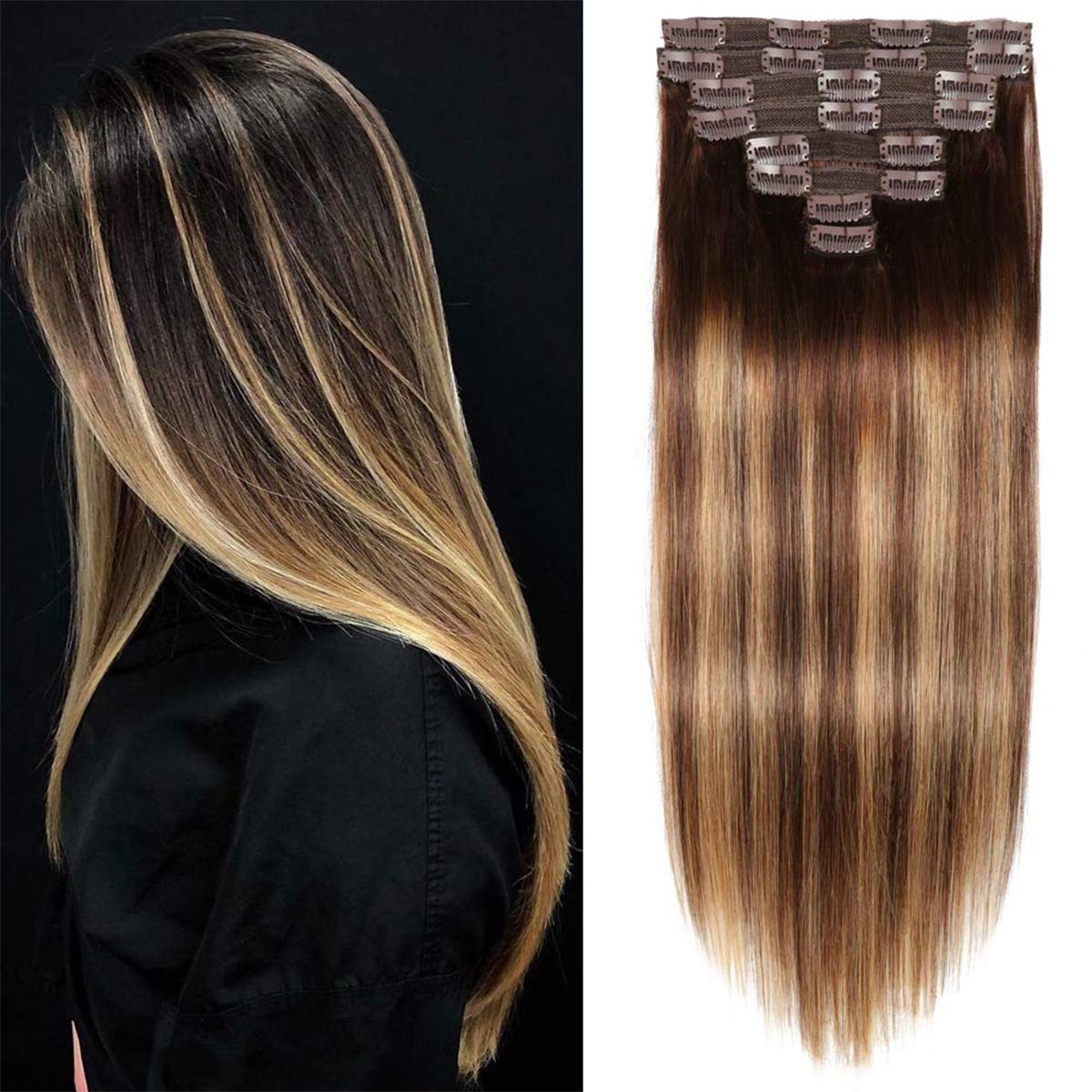 Human Hair Clip in Extensions #4/27 T4 Chocolate Brown to Caramel Blonde 120g 8pcs Straight Clips In Real Hair Extensions Human Hair,14inch Balayage Human Hair Extensions