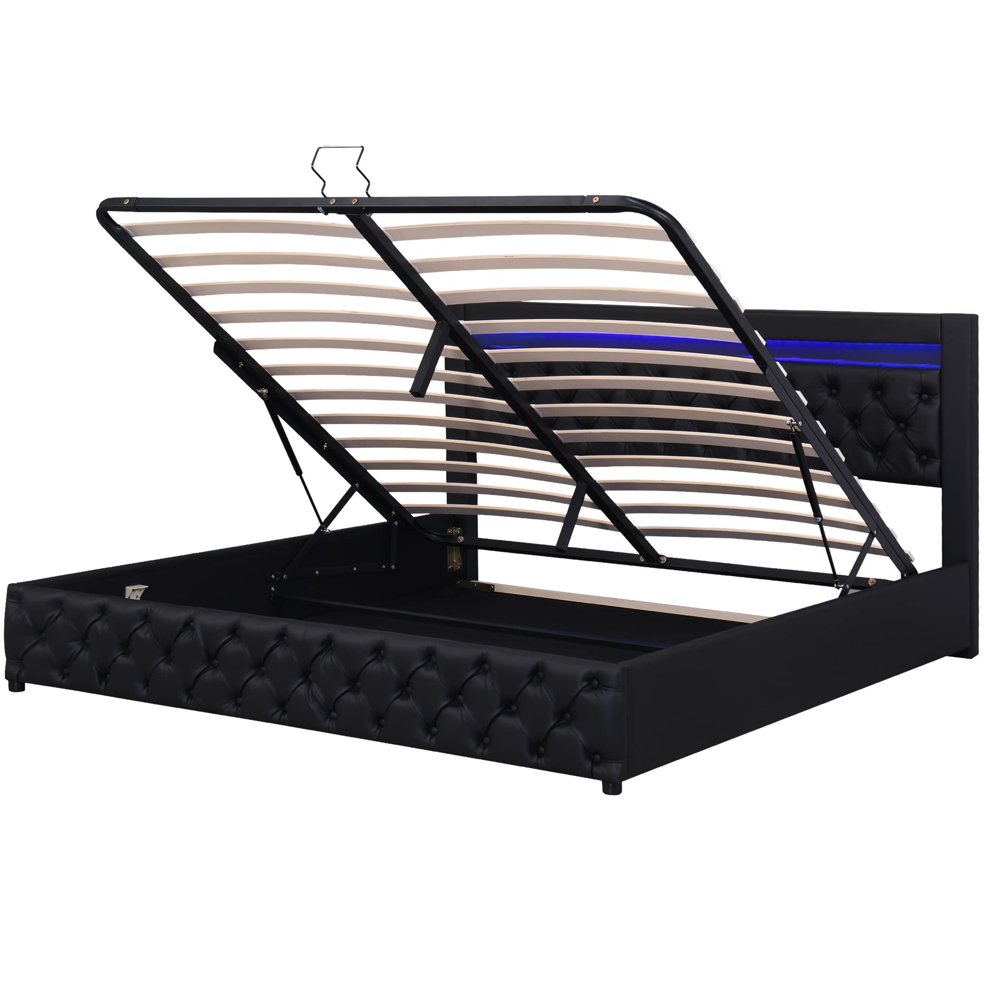 Letto idraulico, 180 x 200 cm, Nero letto imbottito con rete a doghe e spazio per letto matrimoniale, con striscia di illuminazione a LED