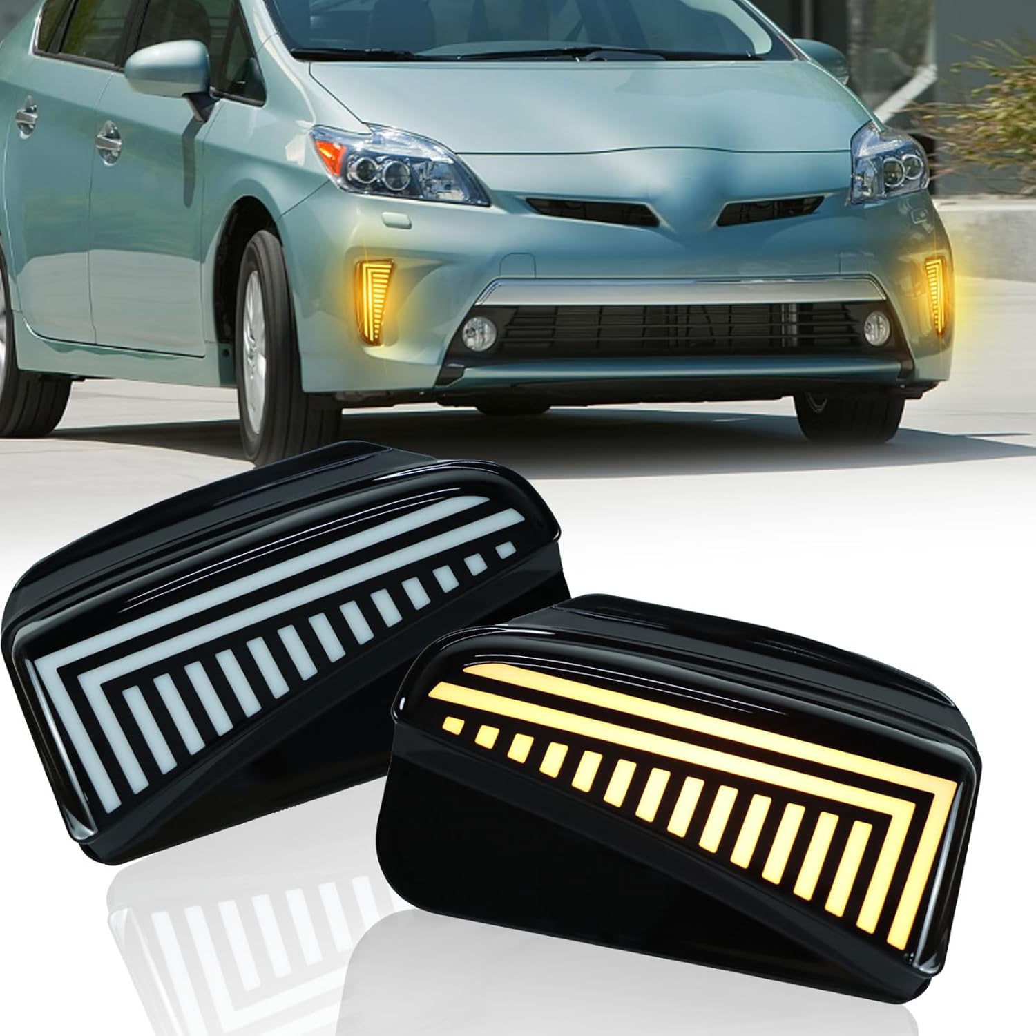 LED Front Bumper Lights for Toyota Prius 2012-2015, High Brightness Daytime Running Lights, Amber Sequential Turn Signal Lights, 2 Pieces, No Damage Installation
